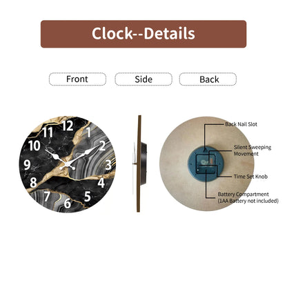 MarbellaTime Modern Round Wooden Wall Clock with Silent Marble Design