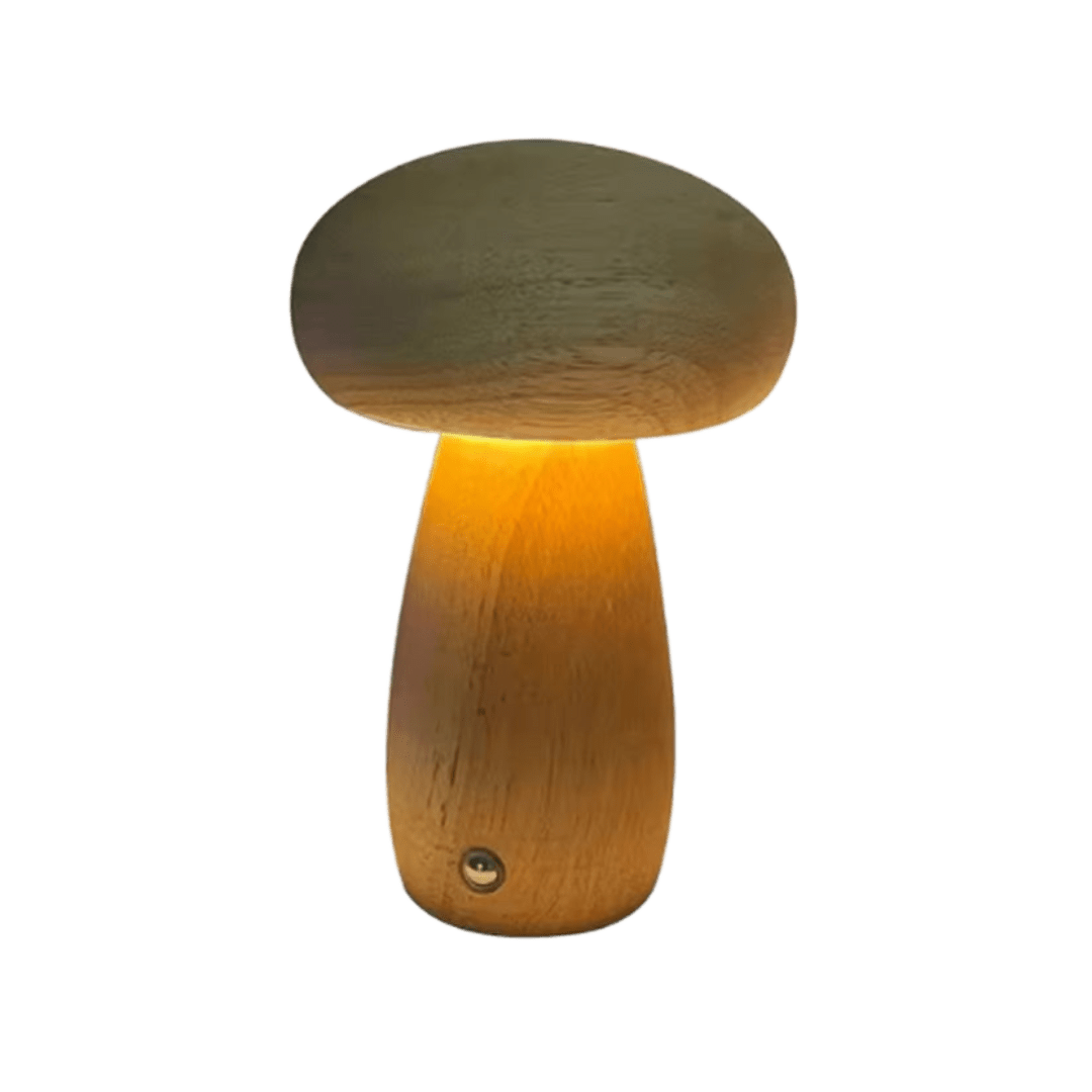 Charming Portobello Mushroom Lamp with Natural Wood Finish — Rechargeable Night Light