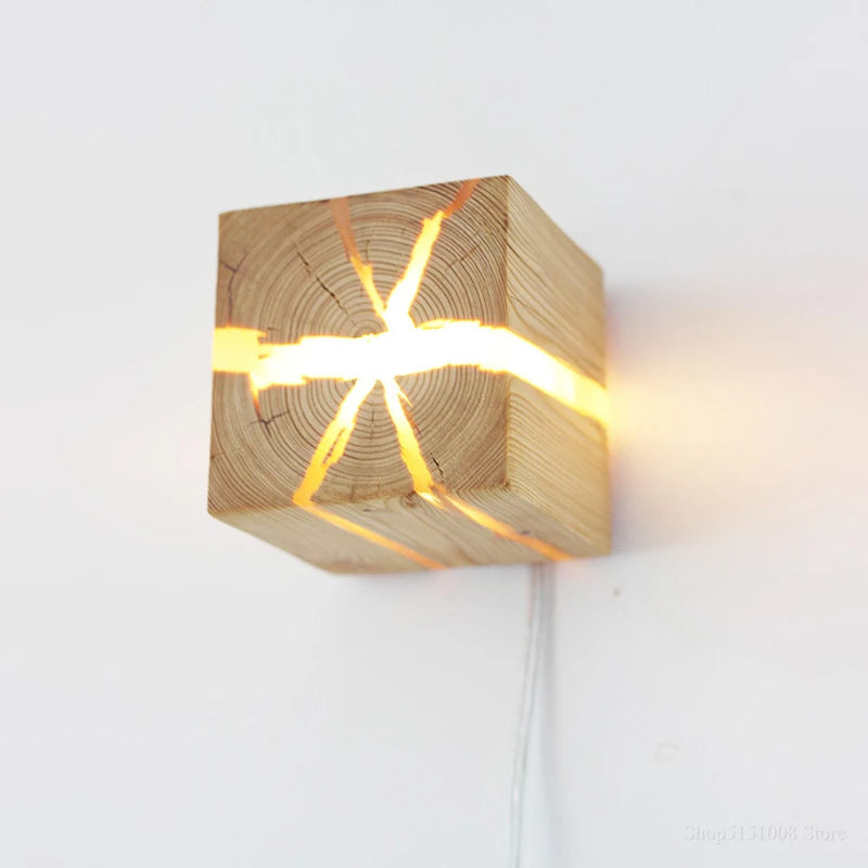 WoodAura Wall Light — Hand-Carved Solid Wood with Resin Inlay Design
