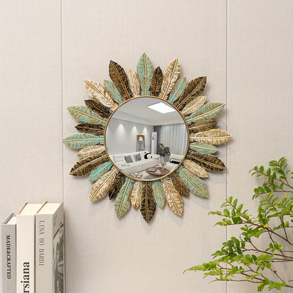 Vibrant Bohemian Sunburst Metal Wall Mirror in Teal & Gold Leaf Finish