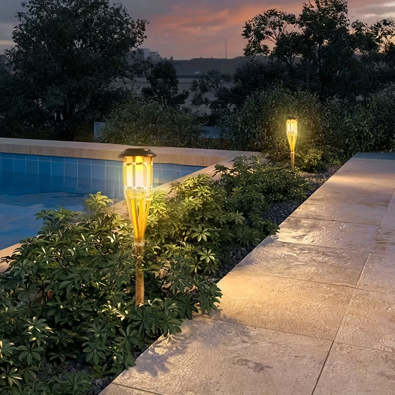 2-Pack Solar Bamboo Flame Lights – 12-LED Outdoor Garden Lanterns for a Cozy, Flickering Glow