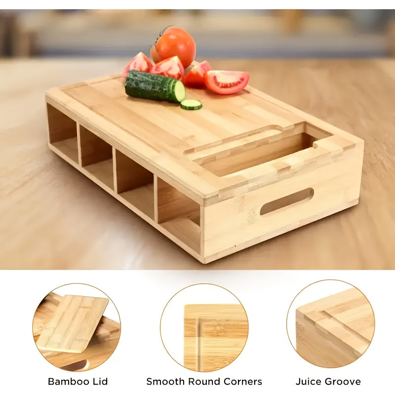 Premium Bamboo Cutting Board with Built-In Storage Trays and Graters — All-in-One Kitchen Prep Station