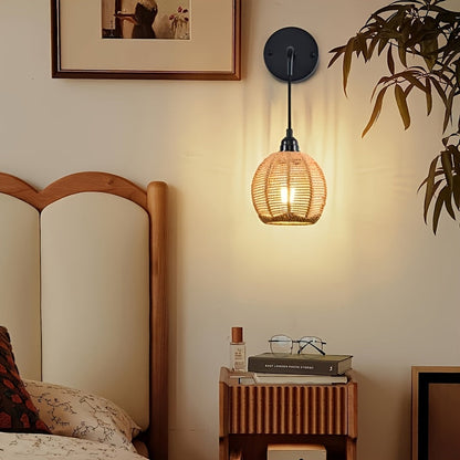 Boho Rattan Wall Lamp - Handwoven Sconce for Cozy Bedside & Living Room Lighting