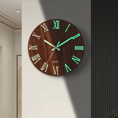 Walnut Luminous Wall Clock - Silent Movement with Glow-in-the-Dark Display in a Sleek Wooden Design