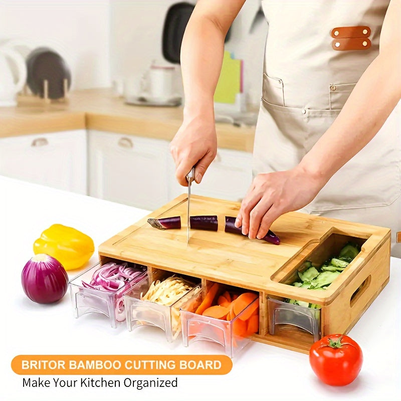 Premium Bamboo Cutting Board with Built-In Storage Trays and Graters — All-in-One Kitchen Prep Station