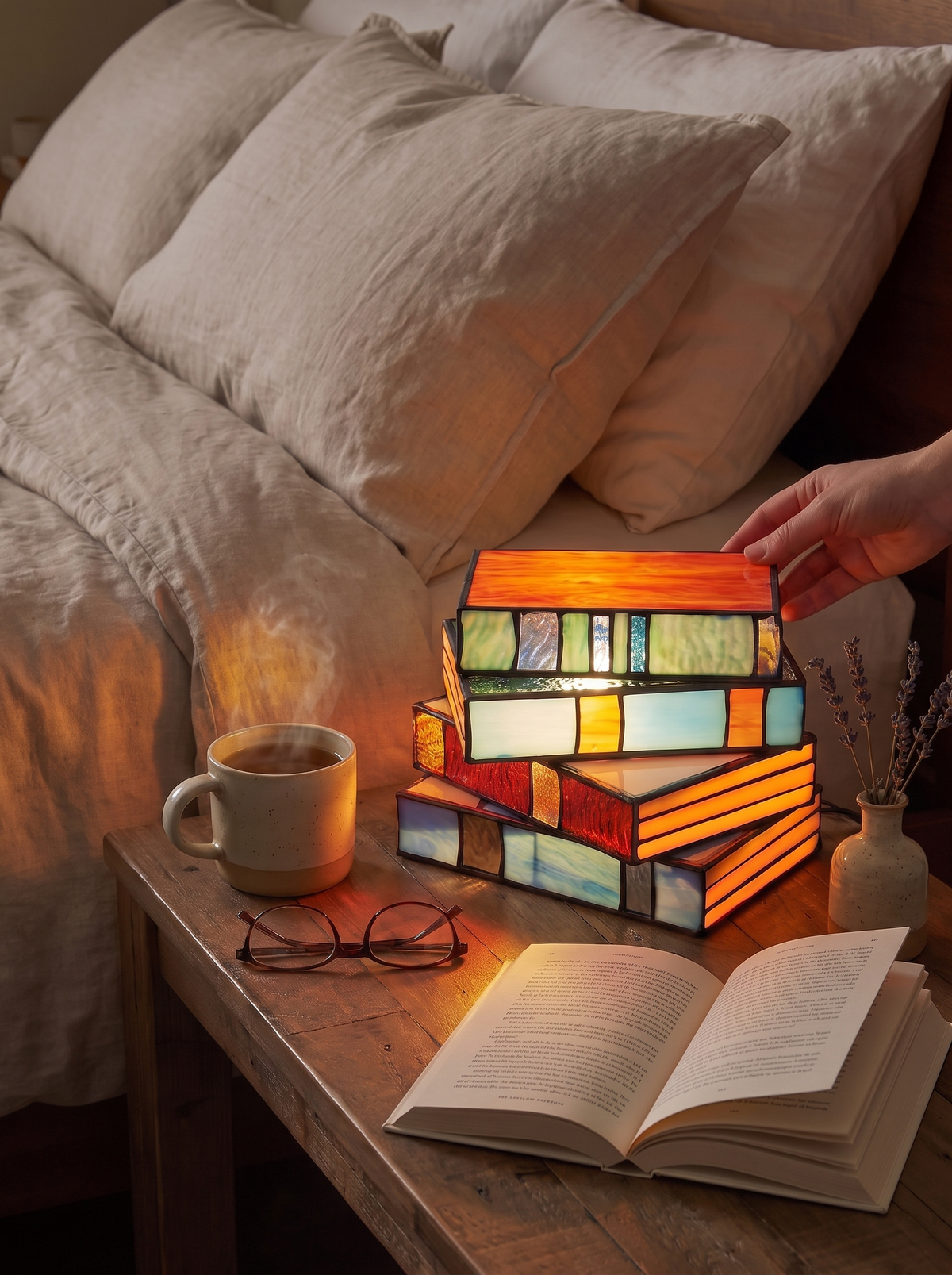 Stained Glass Book Lamp open and glowing on a shelf