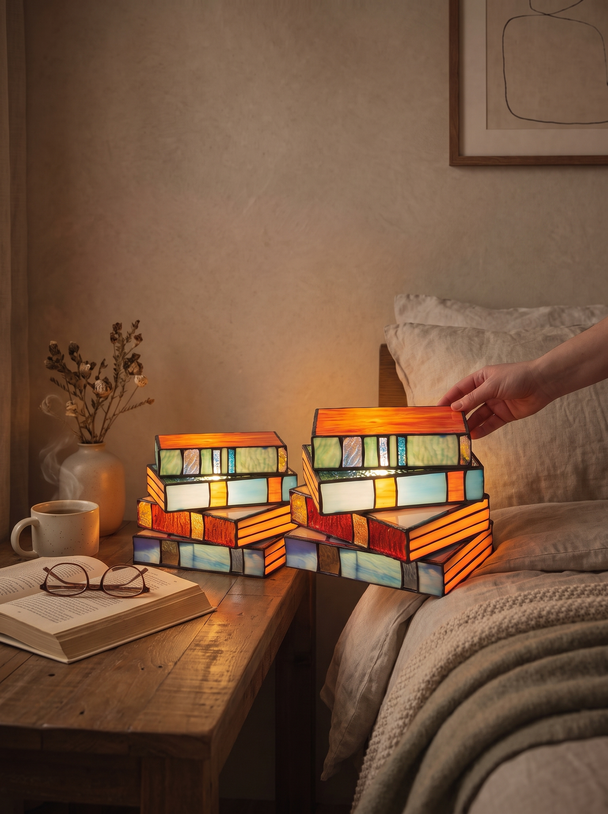 Stained Glass Book Lamp handcrafted coloured panels close up