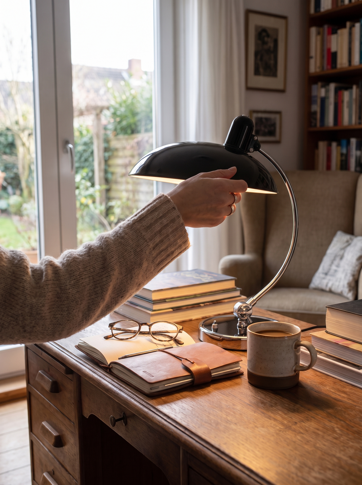 ScandiArc Table Lamp curved arc glowing on a desk