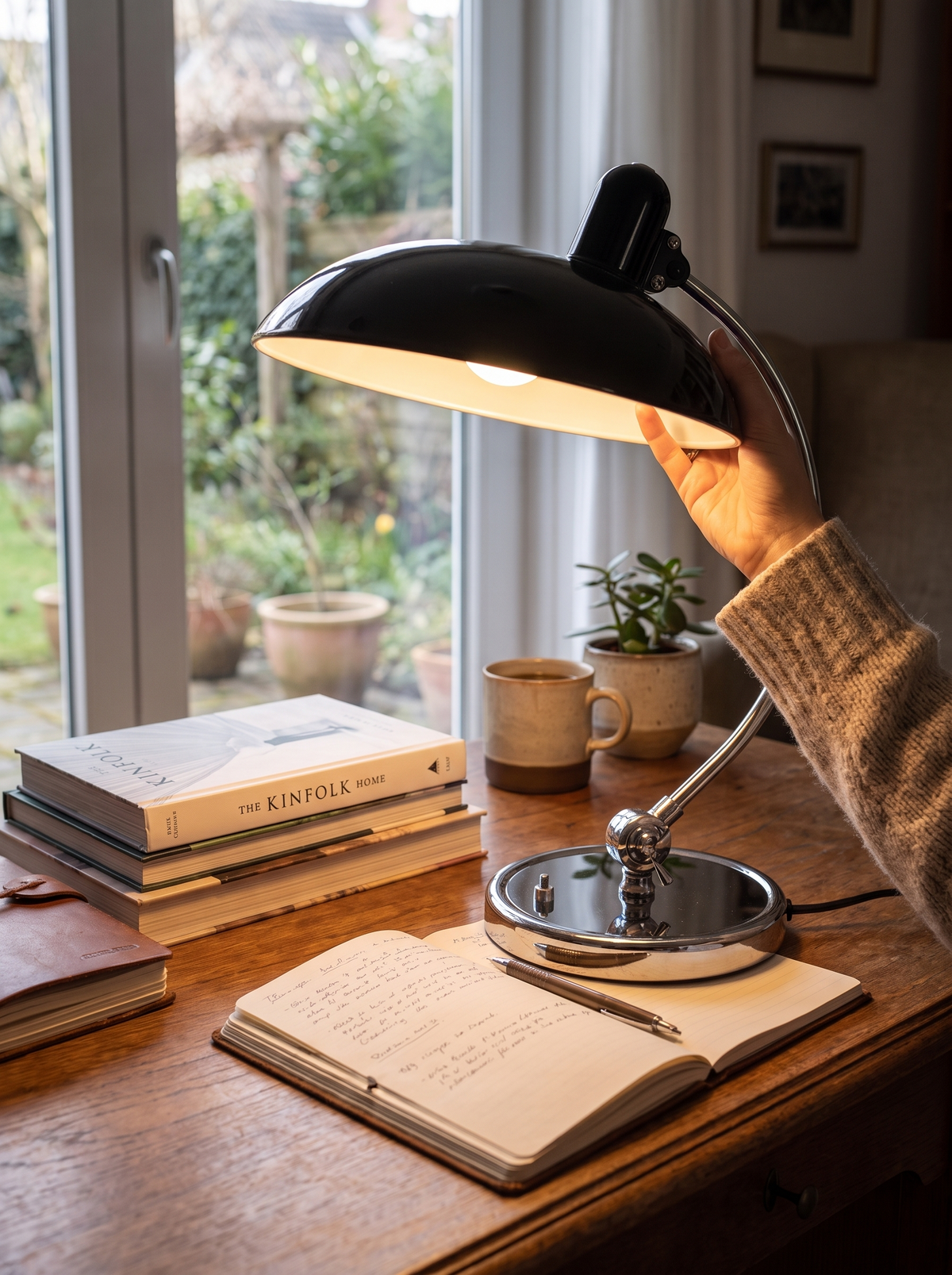 ScandiArc Table Lamp with Bauhaus styling on a work desk