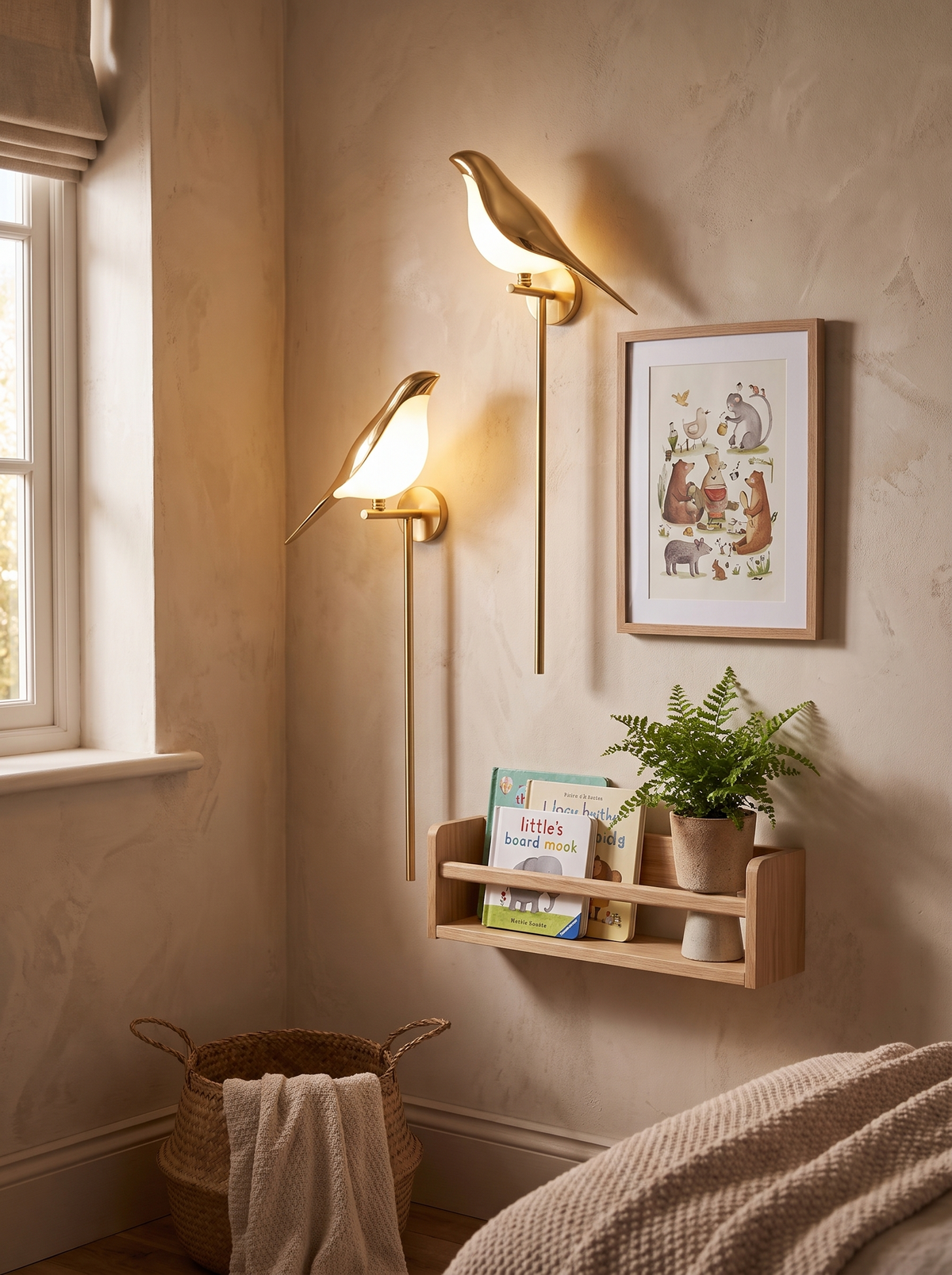 Golden Birdlight Wall Lamp in a nursery hallway