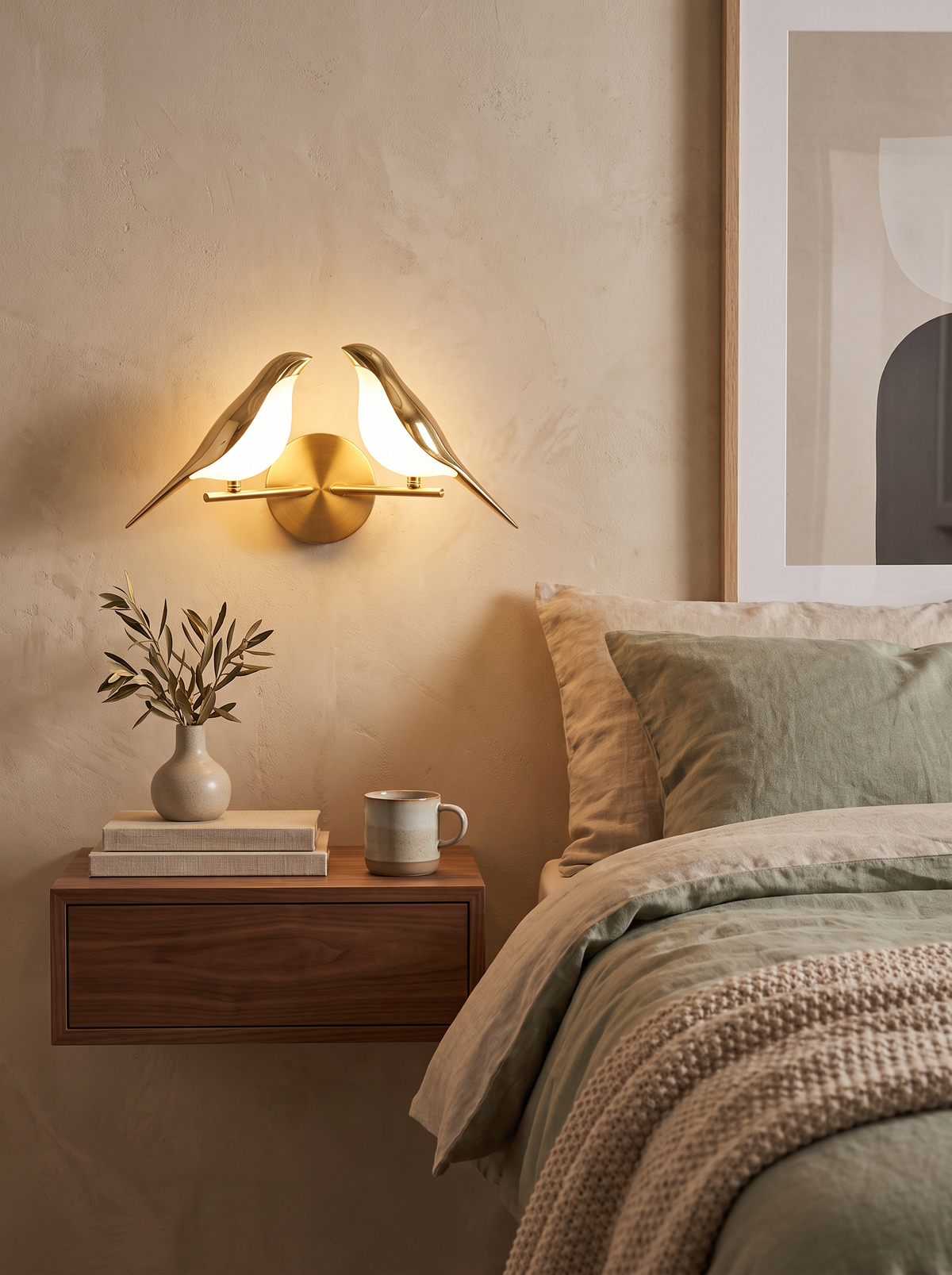 Golden Birdlight Wall Lamp with warm glow on a wall