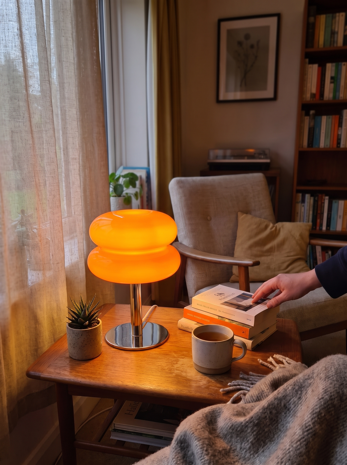 Italian Designer Glass Table Lamp glowing through coloured glass