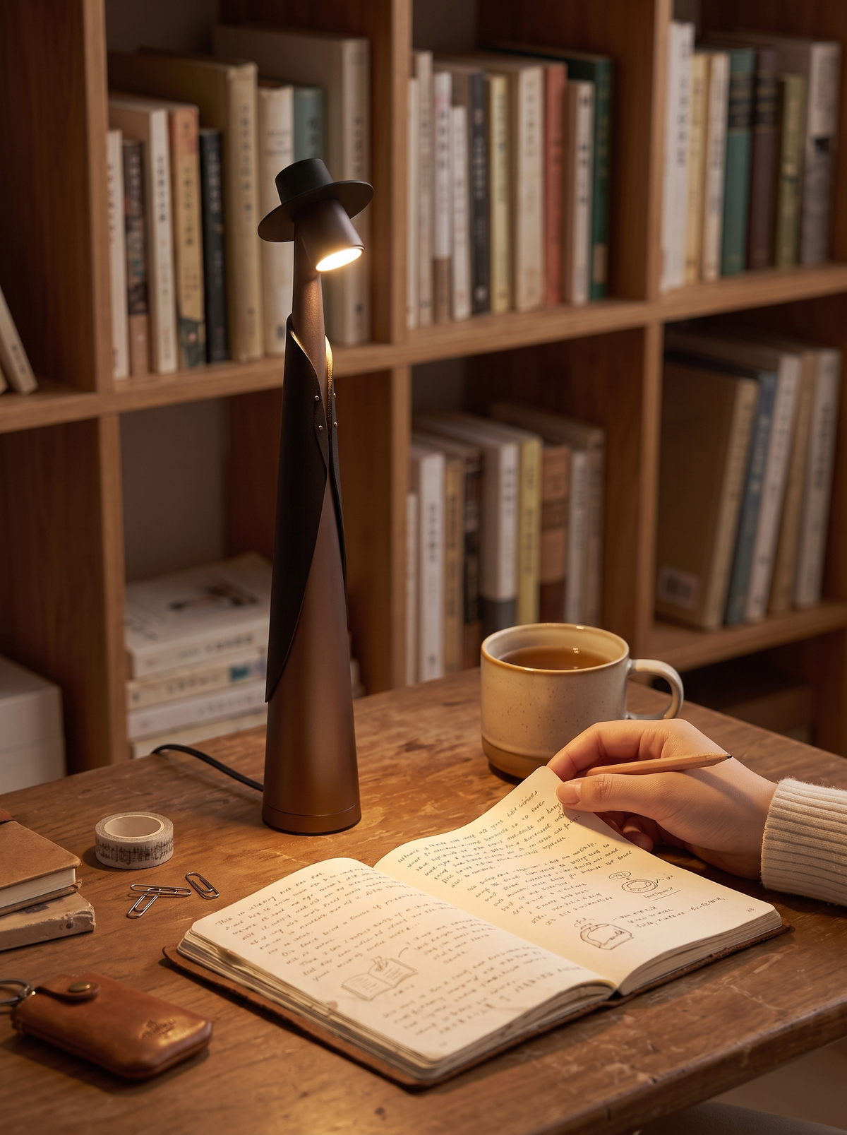 Modern Rechargeable LED Hat Lamp styled on a shelf