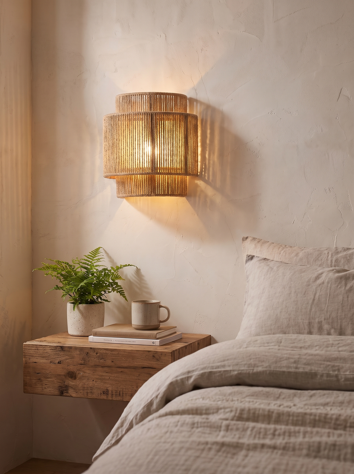 RattanGlow Handwoven Rattan Wall Lamp texture on a plain wall