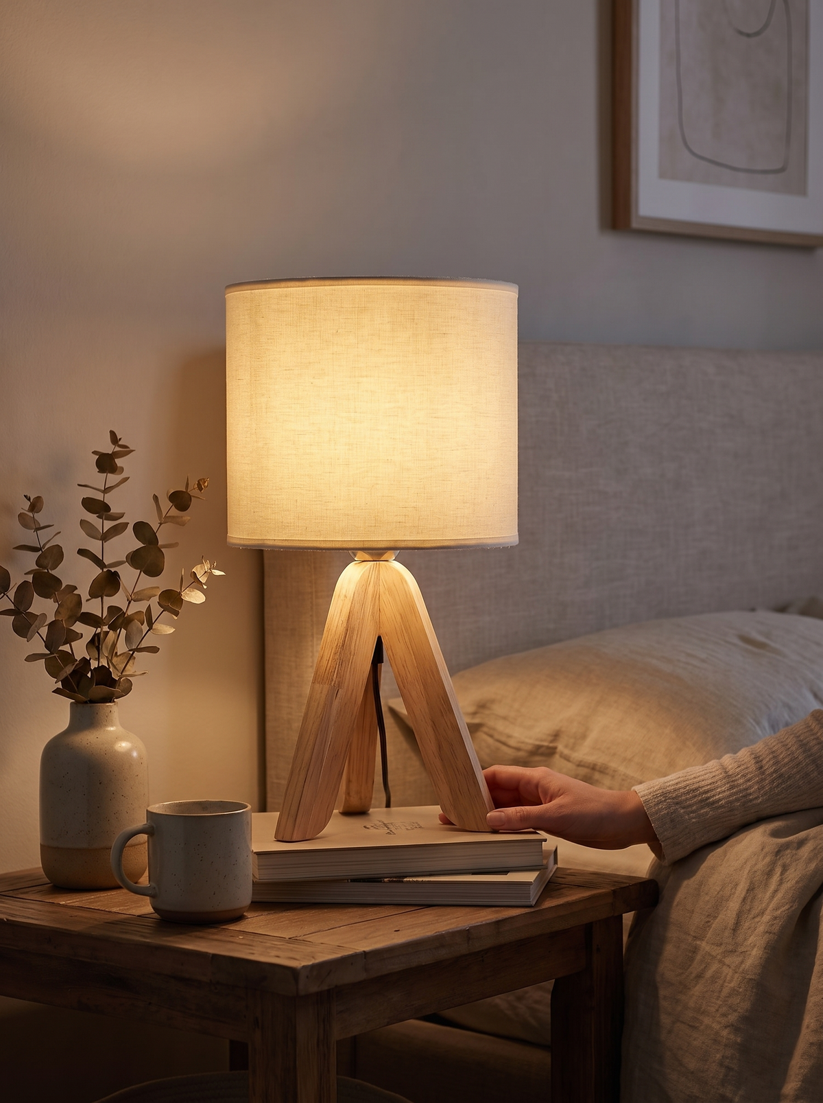 Nordic Wooden Tripod Table Lamp fabric shade glowing warm