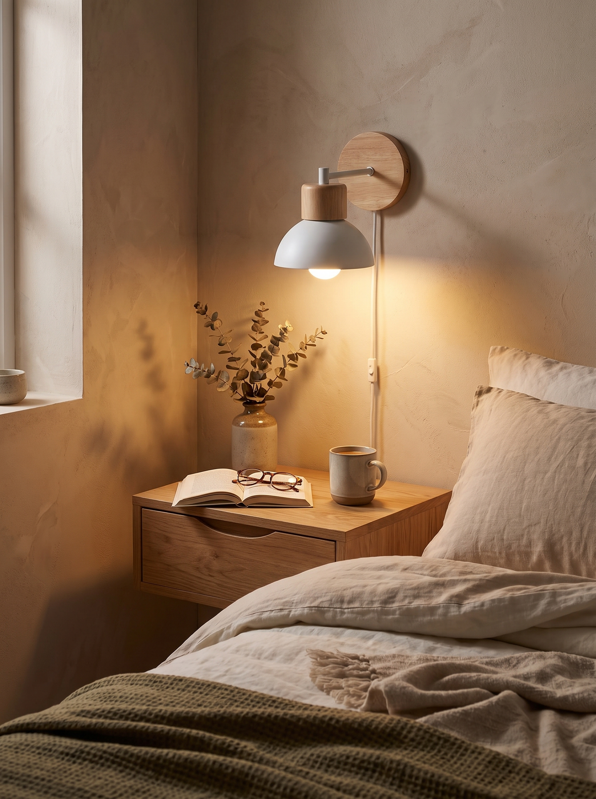 Wood and Metal Wall Lamp balanced materials on a wall