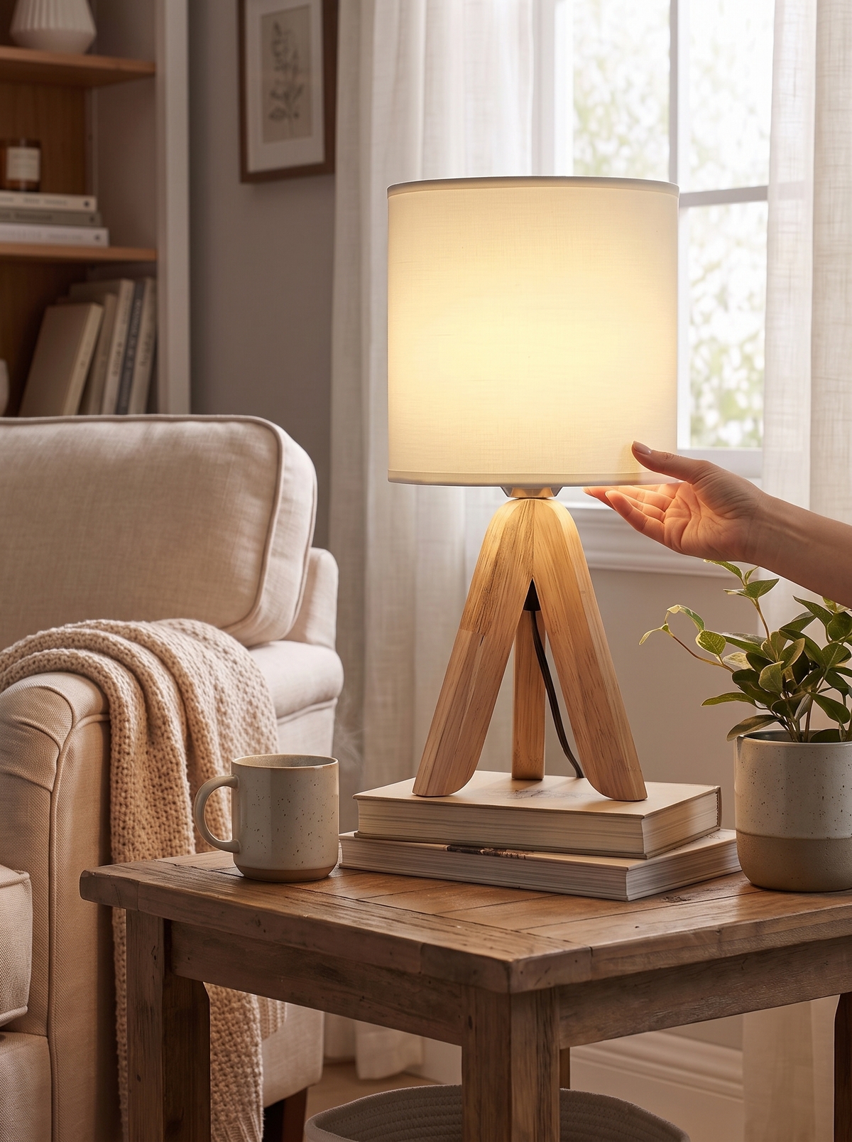Nordic Wooden Tripod Table Lamp in a classic living room