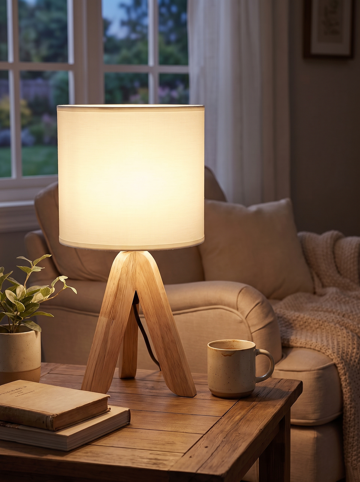 Nordic Wooden Tripod Table Lamp standing on a floor corner