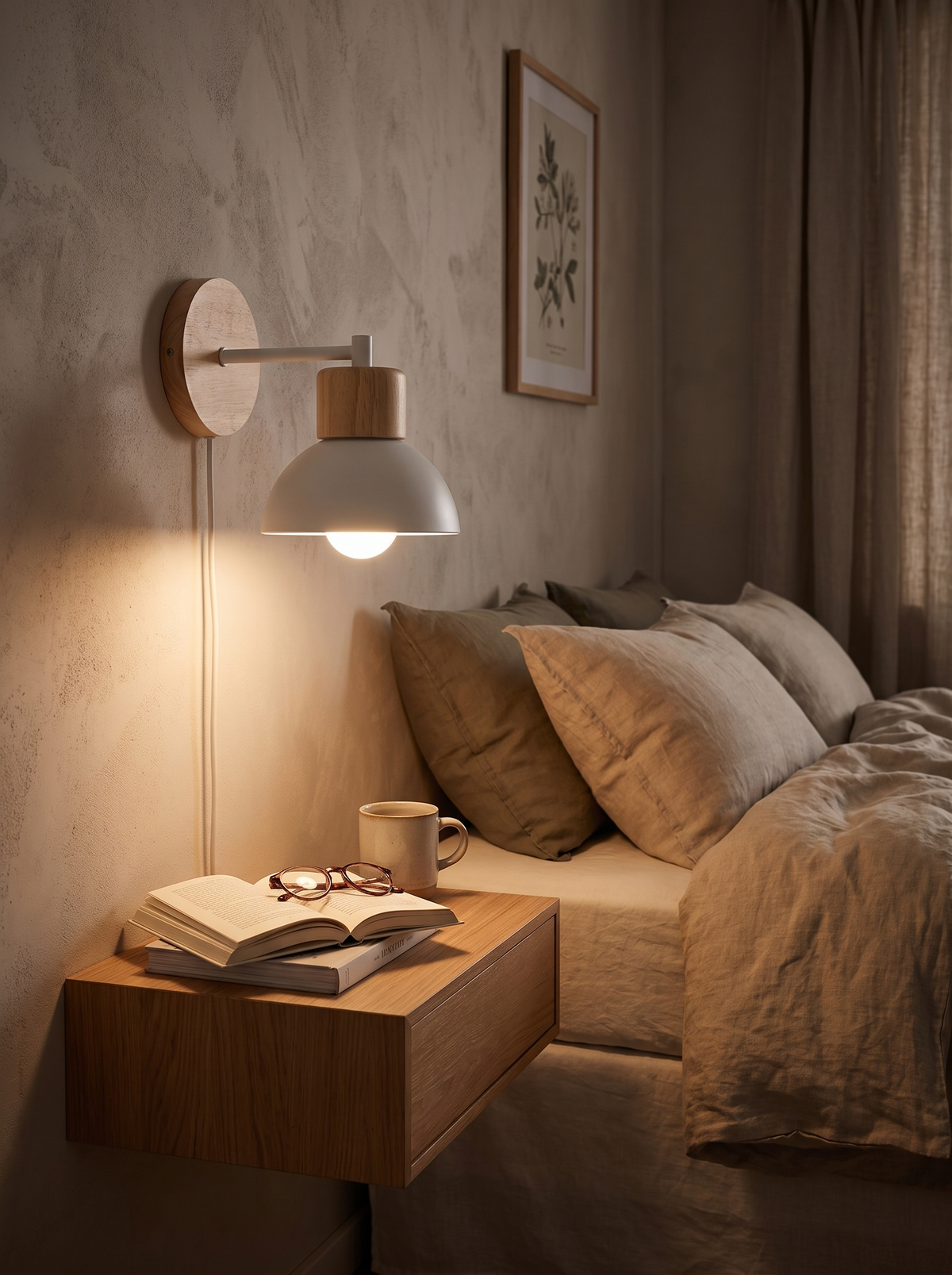 Wood and Metal Wall Lamp mounted beside a bed