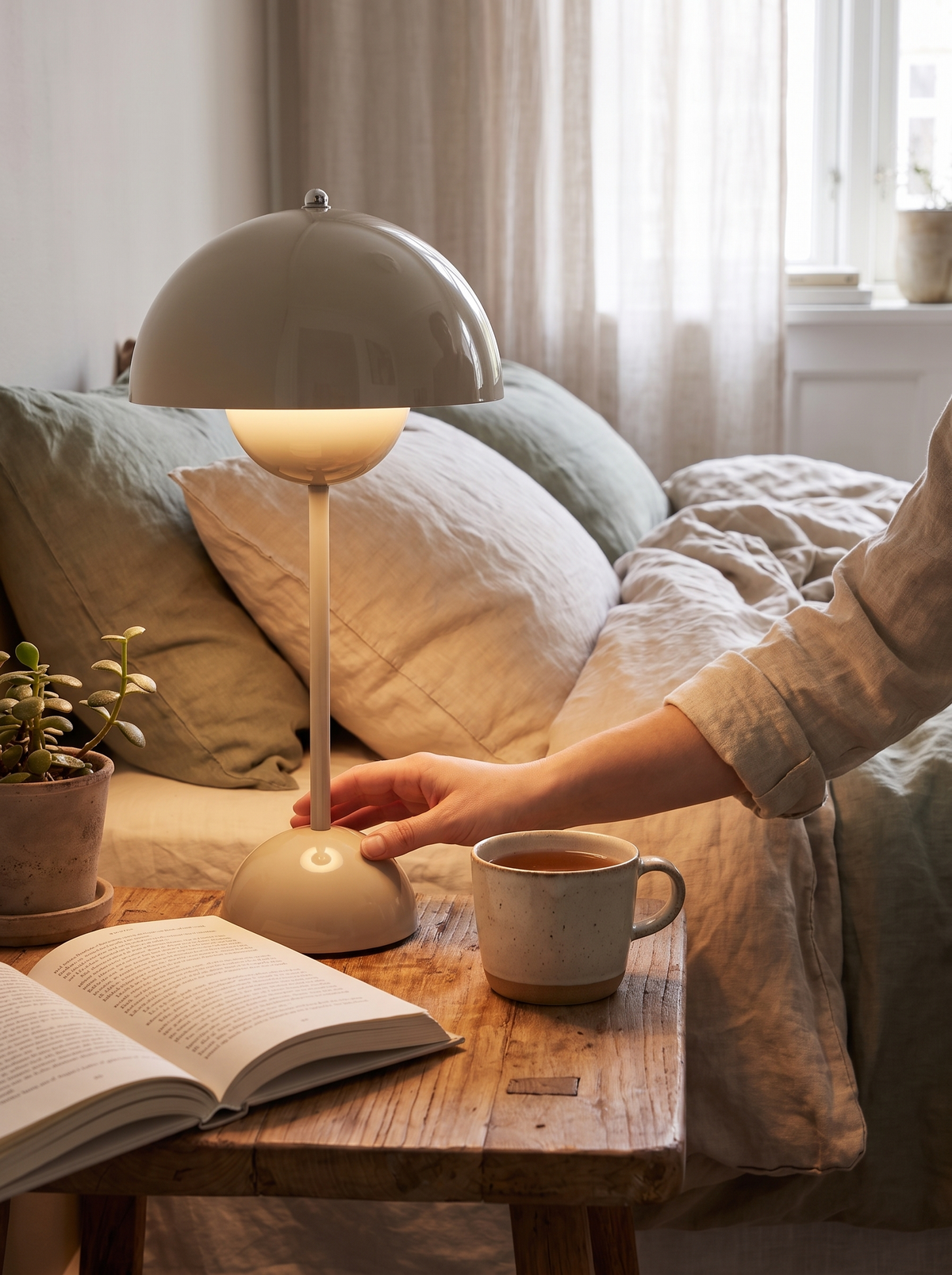 Sleek Nordic Touch Table Lamp being switched on by touch