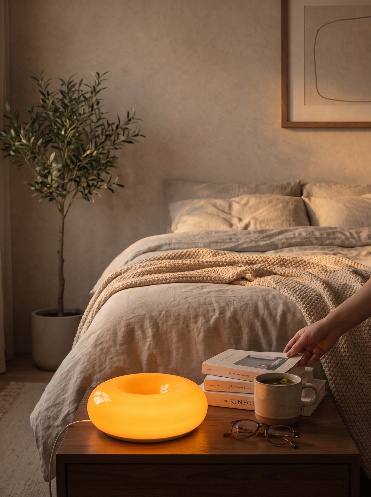 Bauhaus Donut Lamp used on a table surface