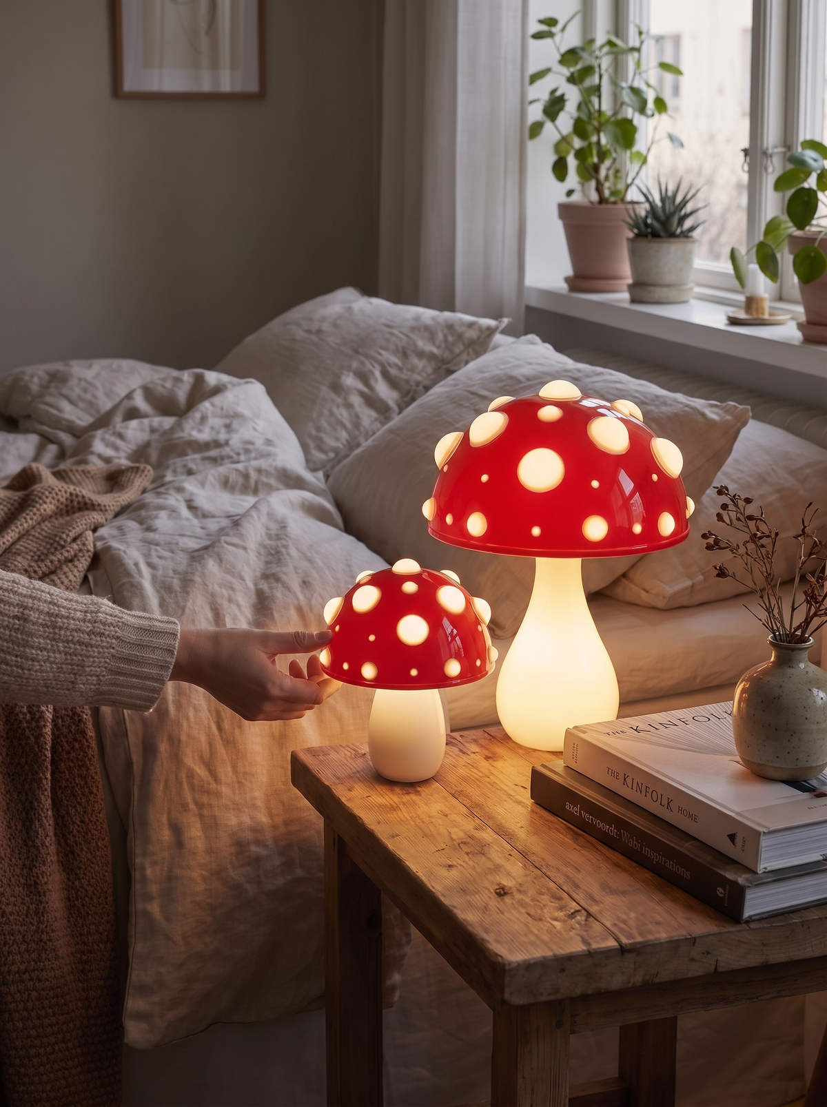 LED Mushroom Table Lamp on a compact shelf