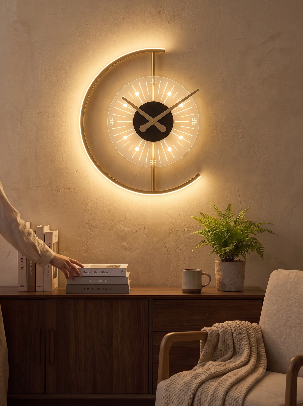 Lunaris LED Wall Clock Lamp lighting a wall