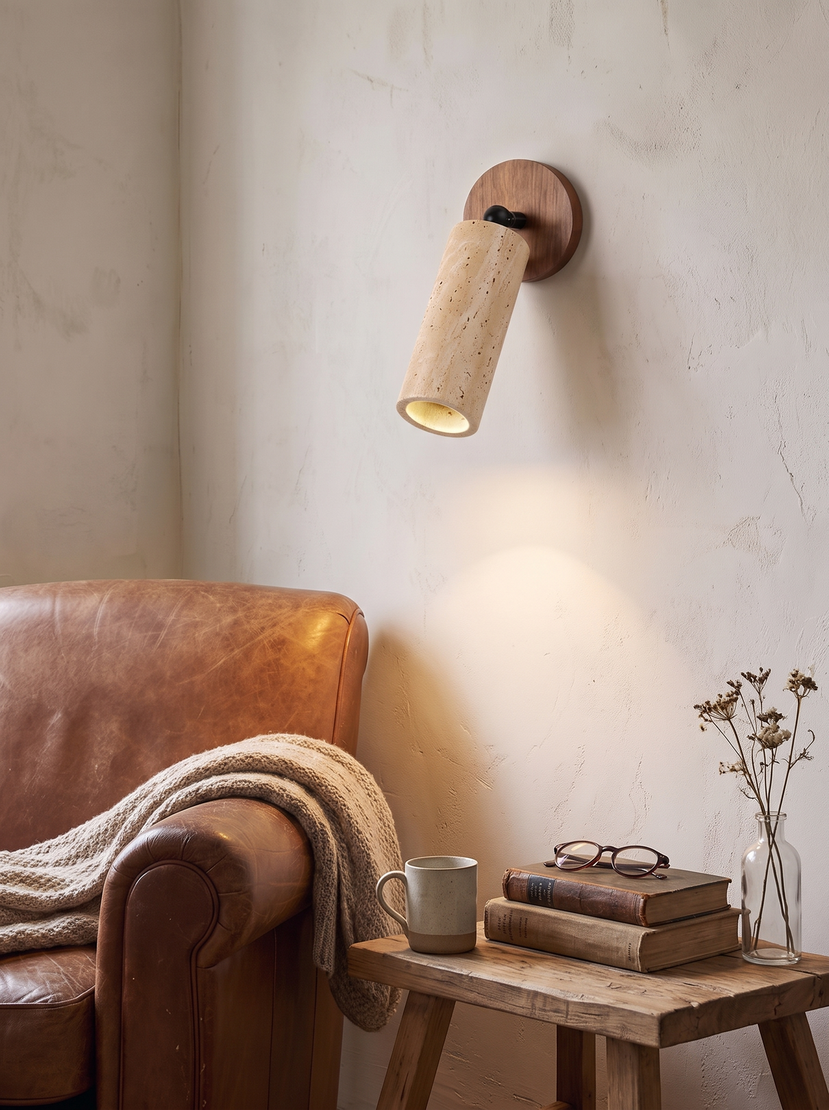 Huangdong Wall Lamp travertine and wood on a wall