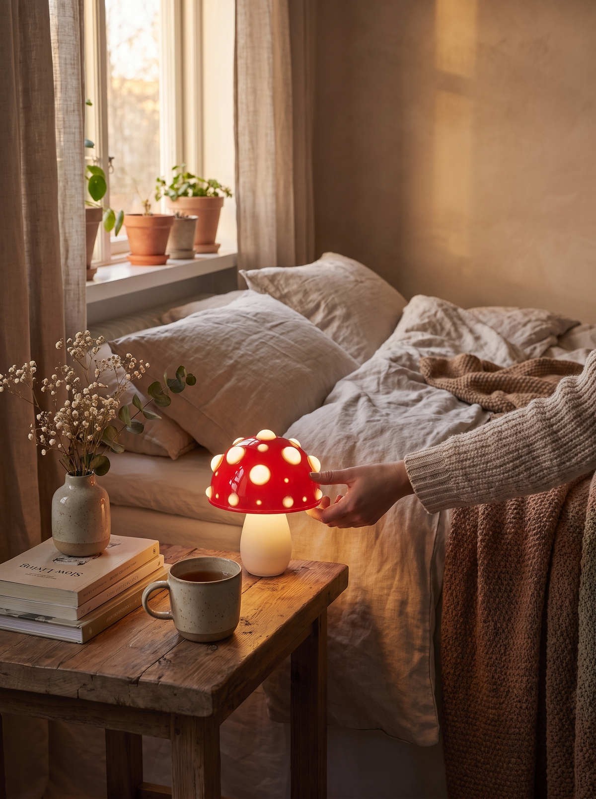 LED Mushroom Table Lamp rounded form on a table