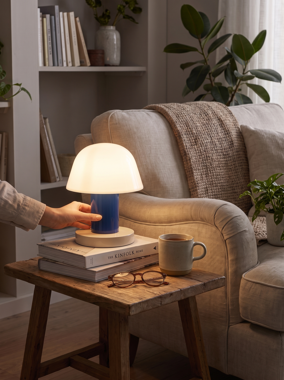 Mushroom Table Lamp glowing warm on a bedside