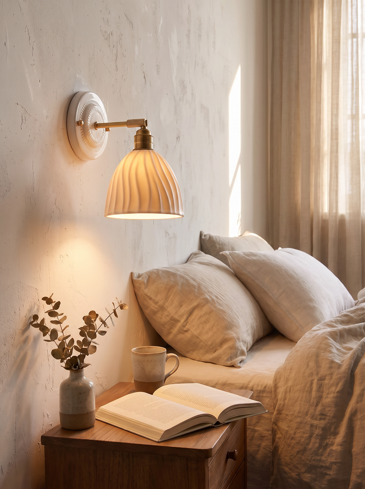 Nordic Cream Ceramic Wall Lamp soft glow in a bedroom