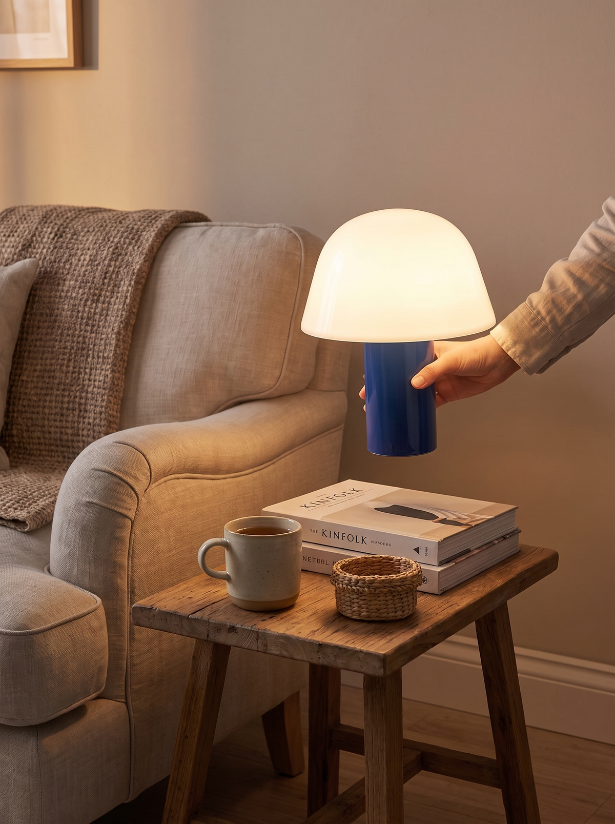 Mushroom Table Lamp carried cordless between rooms