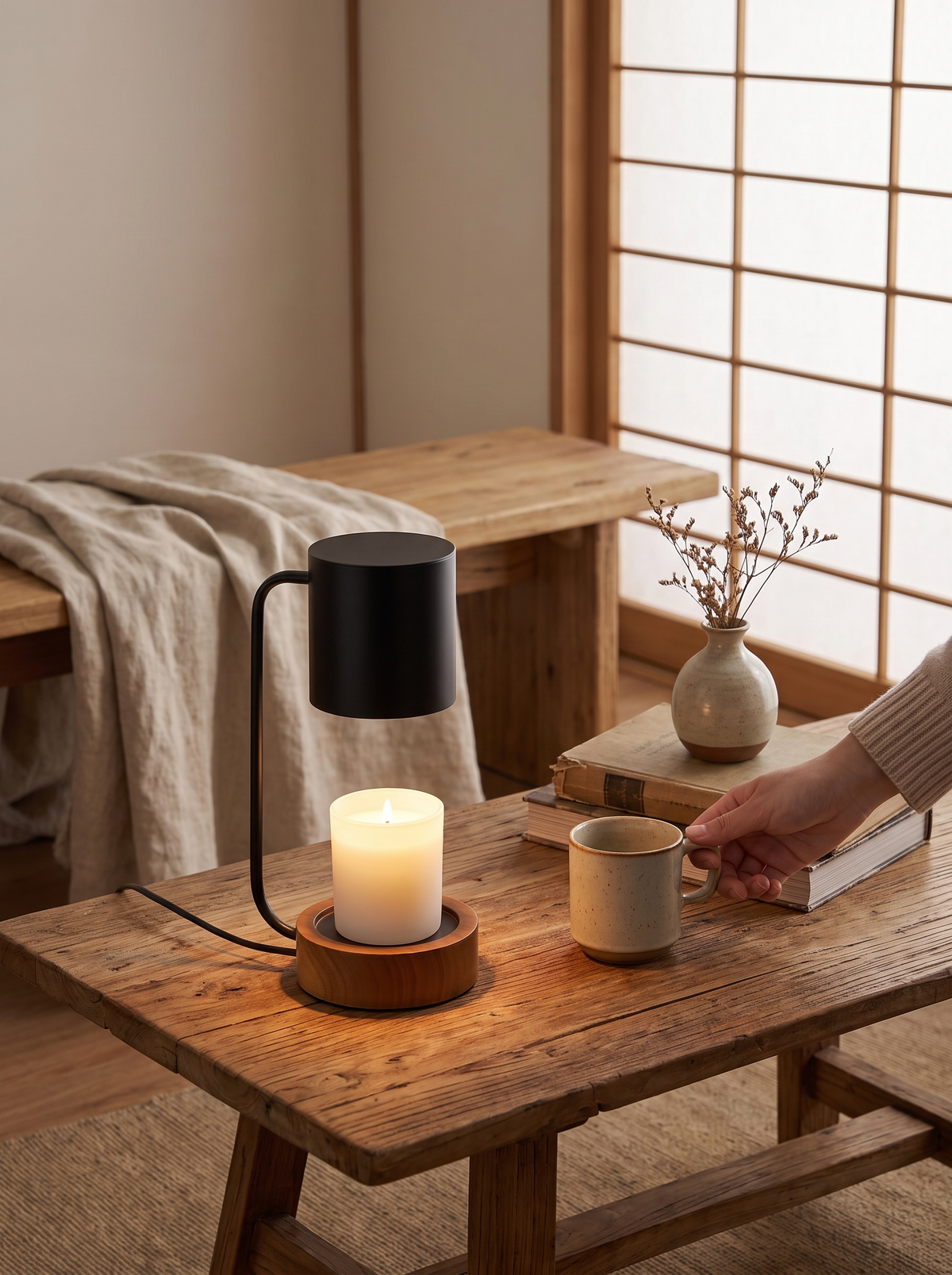 Japanese Minimalist Table Lamp wood and metal detail
