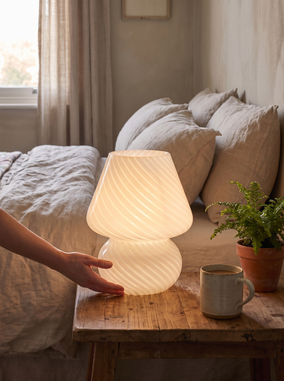Murano style glass mushroom lamp glowing