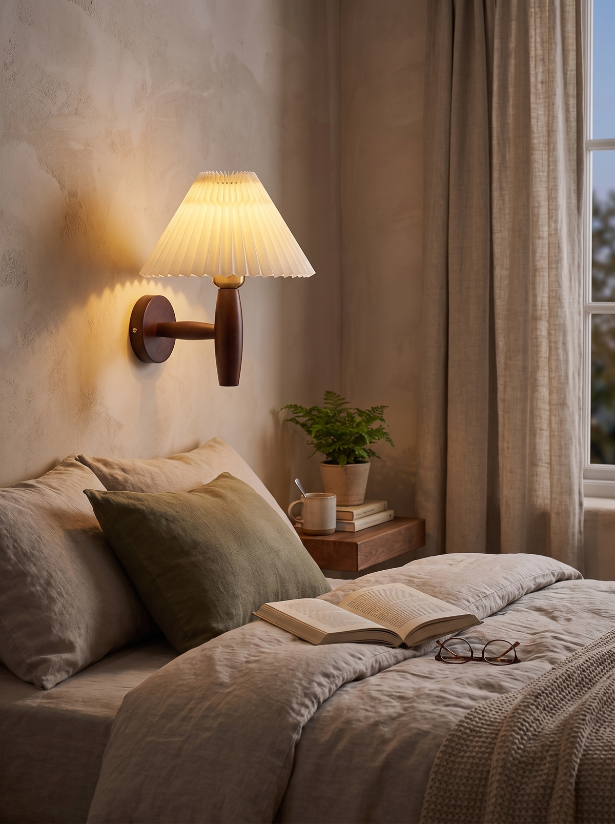 Nordic Wooden Wall Sconce lighting a book in bed