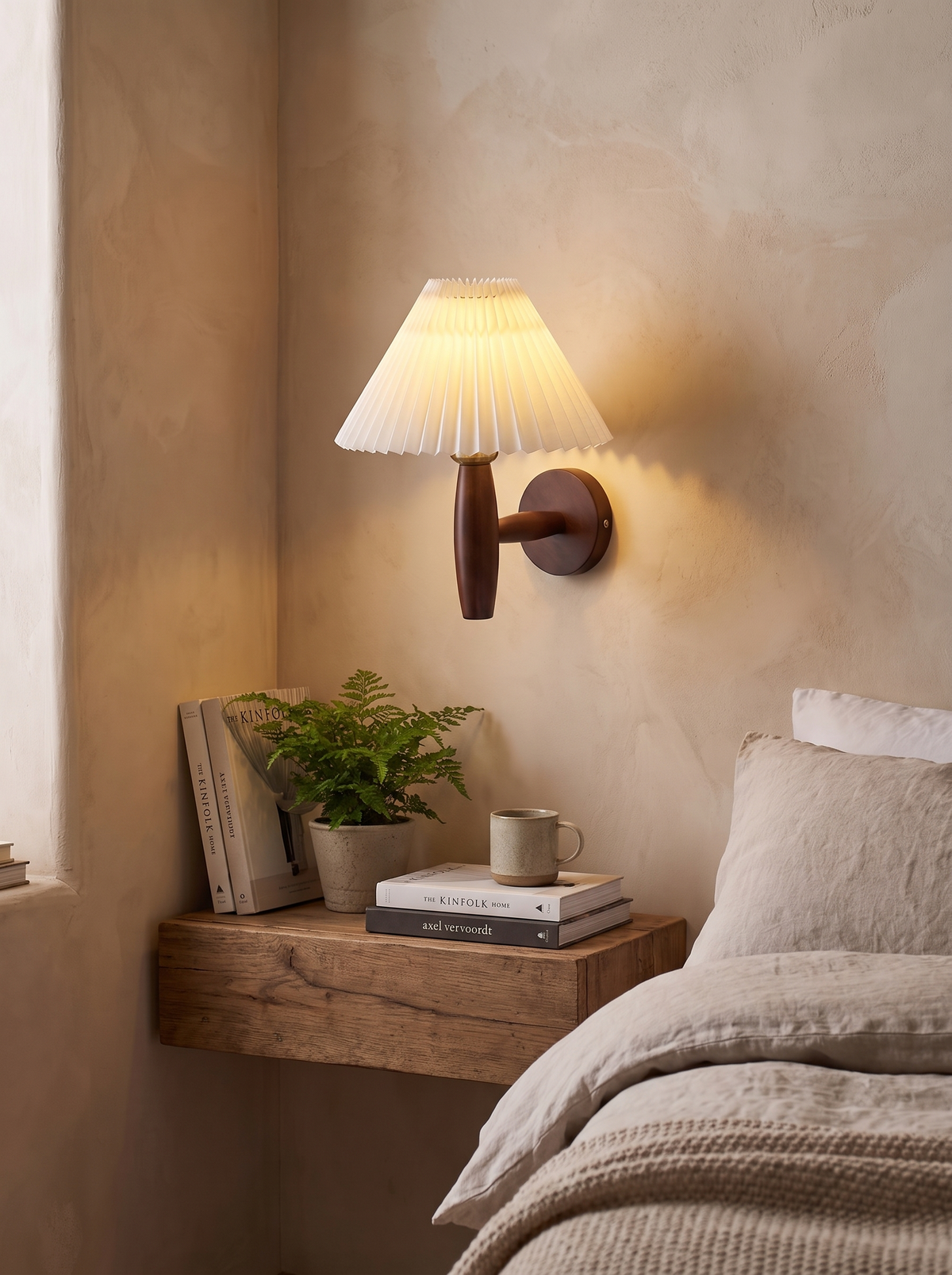 Nordic Wooden Wall Sconce pleated shade detail