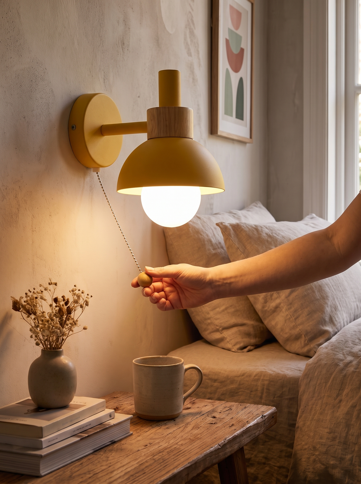 Nordic Wood Accent Wall Lamp with pull switch