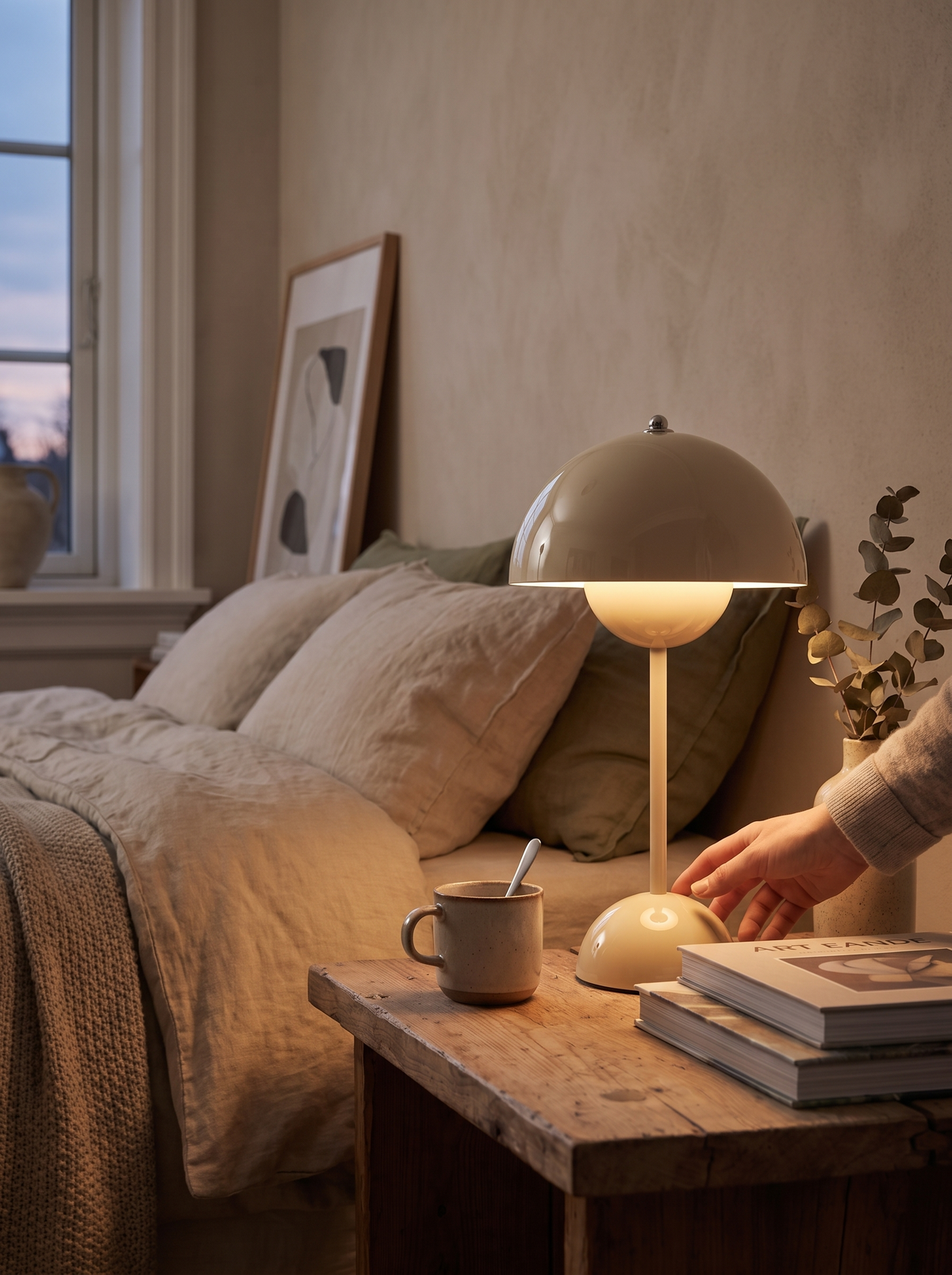 Mushroom Pod LED Table Lamp on a bedside shelf