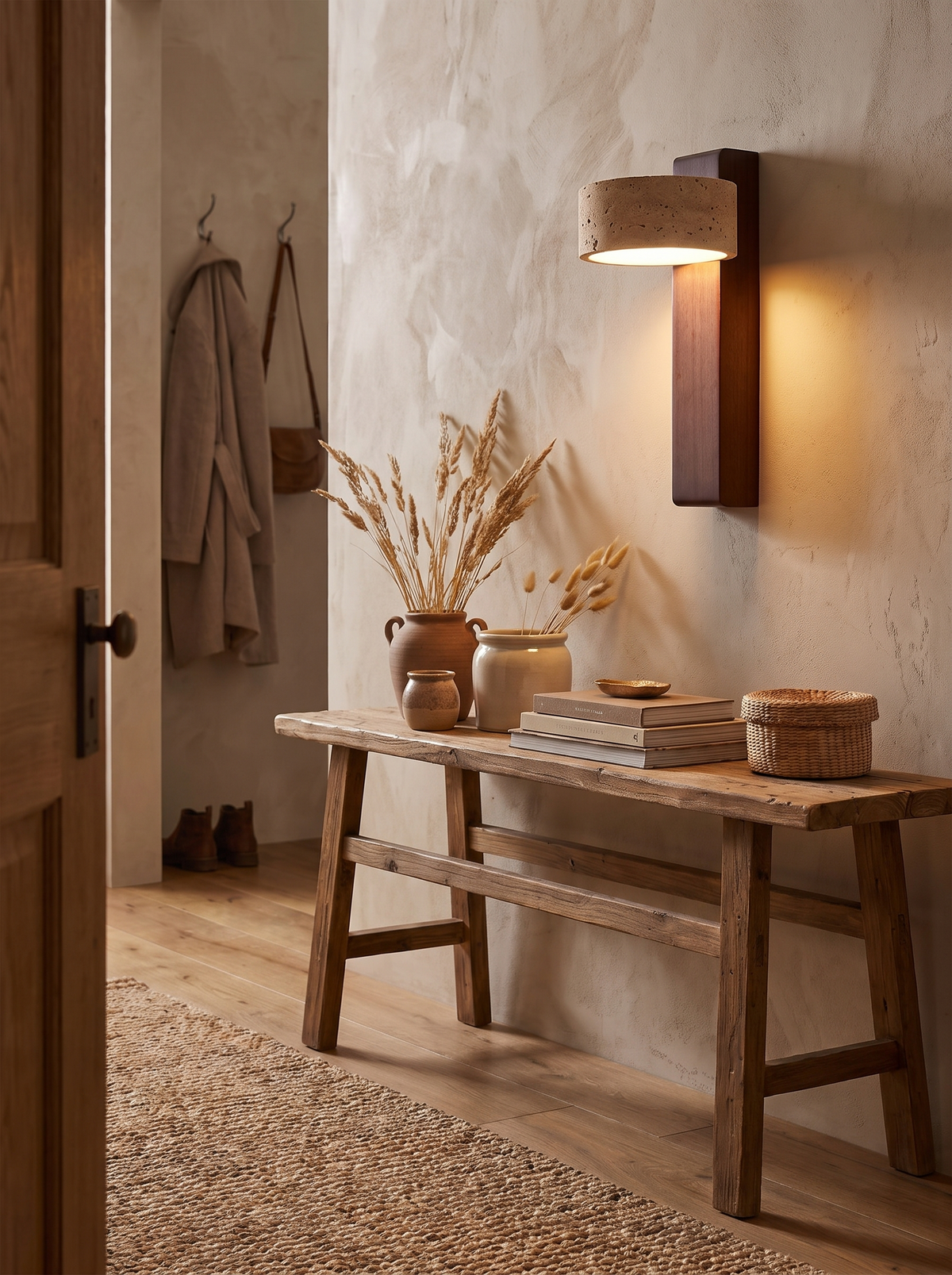 Travertine Wall Lamp stone and warm wood