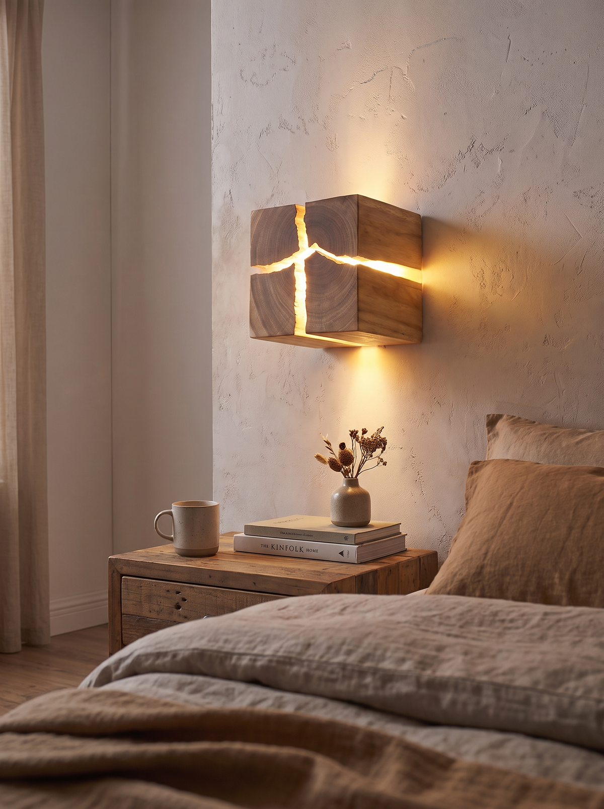WoodAura Wall Light resin and timber glowing