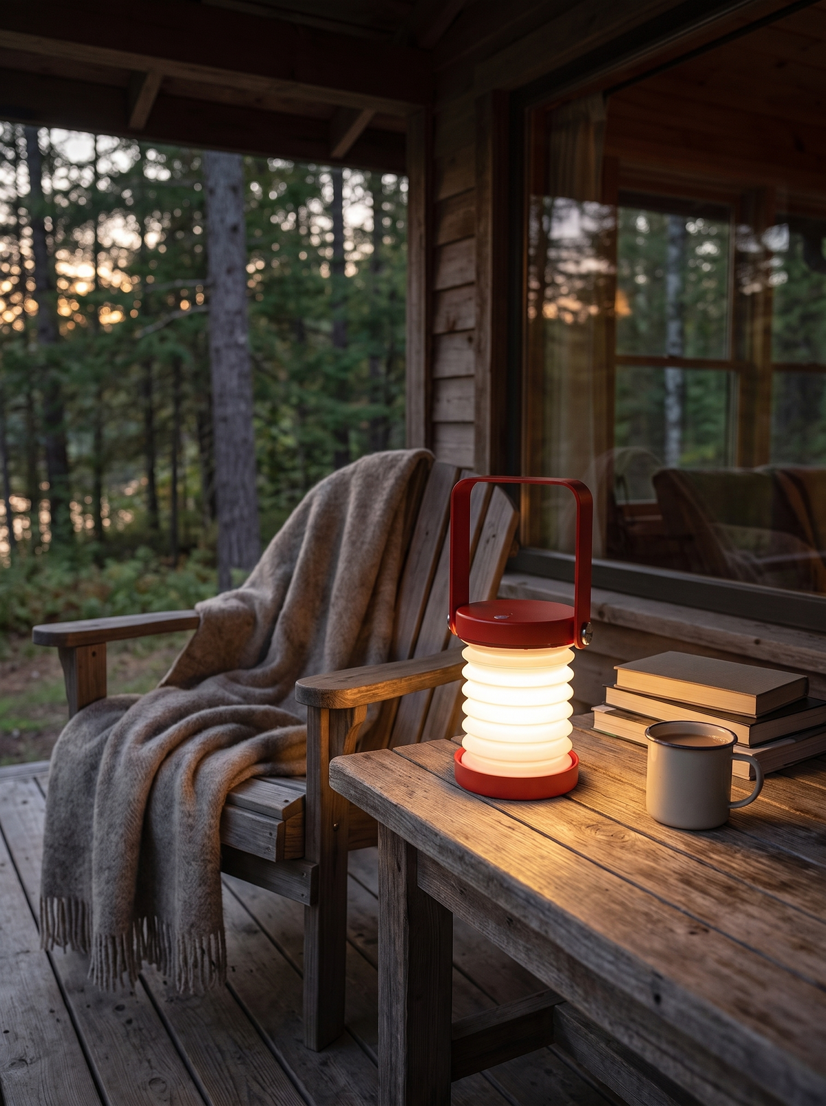 Wooden Handle Portable Lantern used outdoors on a table