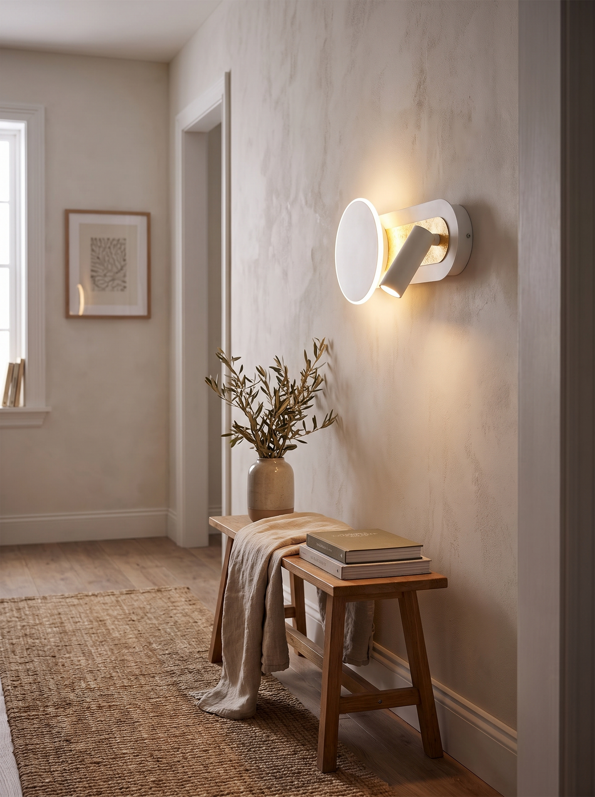 HaloBeam Wall Light in a quiet hallway