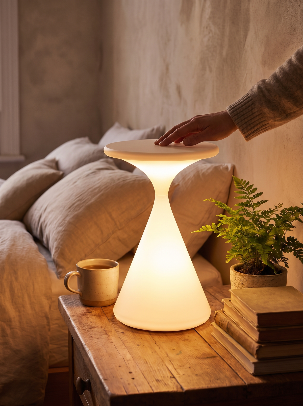 Aurora Wireless Table Lamp sculptural on a table