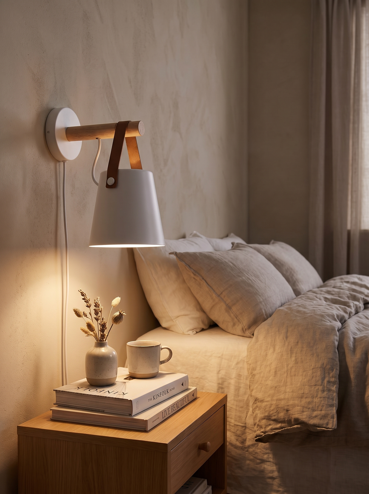 Nordic Wood and Leather Wall Lamp beside a bed