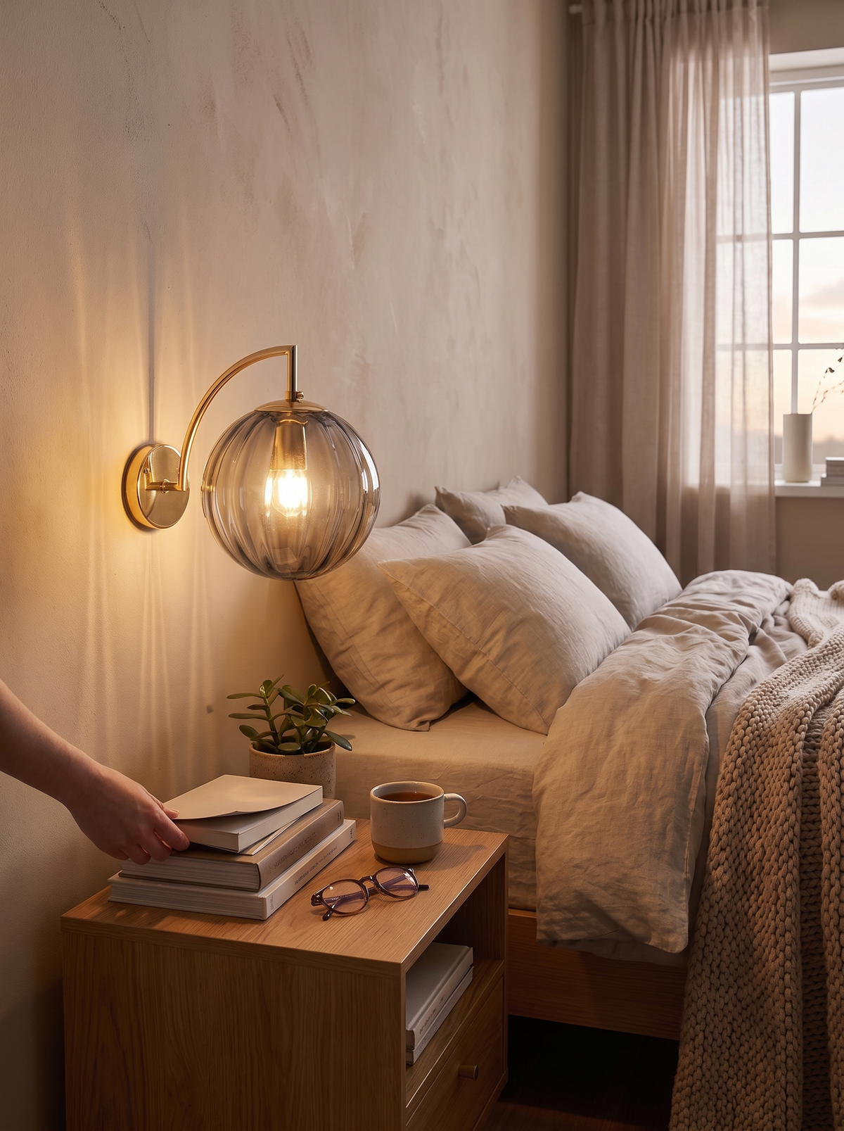 Modern Glass Ball Wall Lamp brass against a wall
