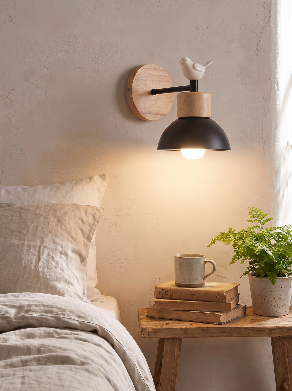 Nordic Wooden Bird Wall Lamp timber detailing