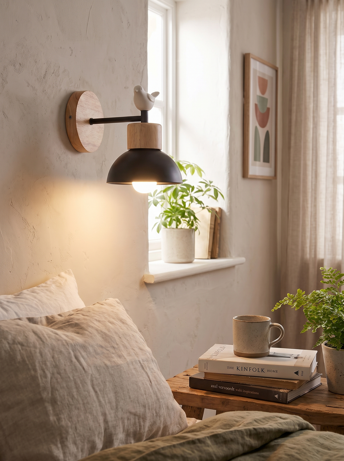 Nordic Wooden Bird Wall Lamp perched detail