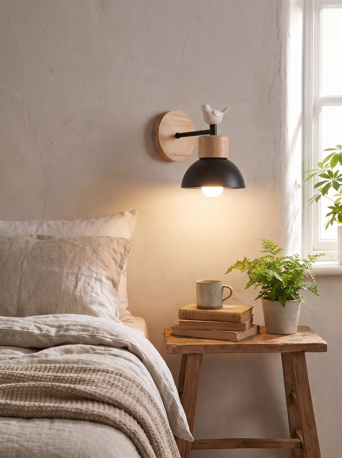 Nordic Wooden Bird Wall Lamp beside a bed