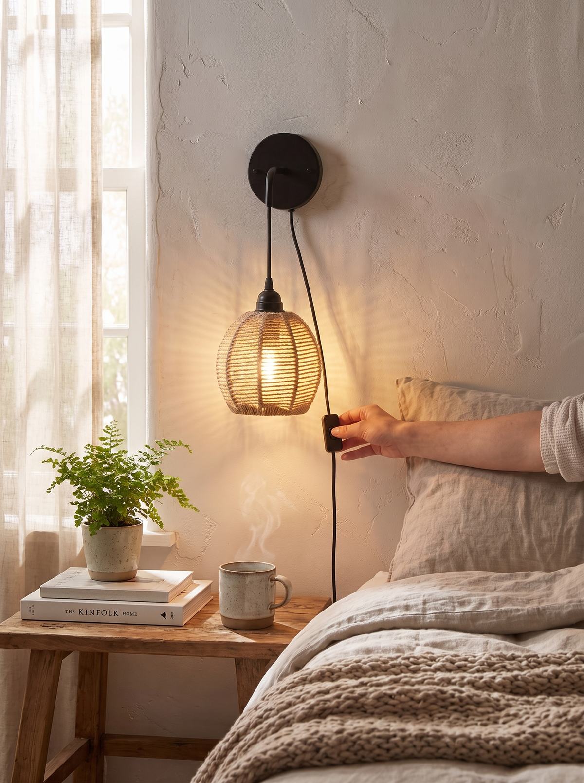 Boho Rattan Wall Lamp in a living room