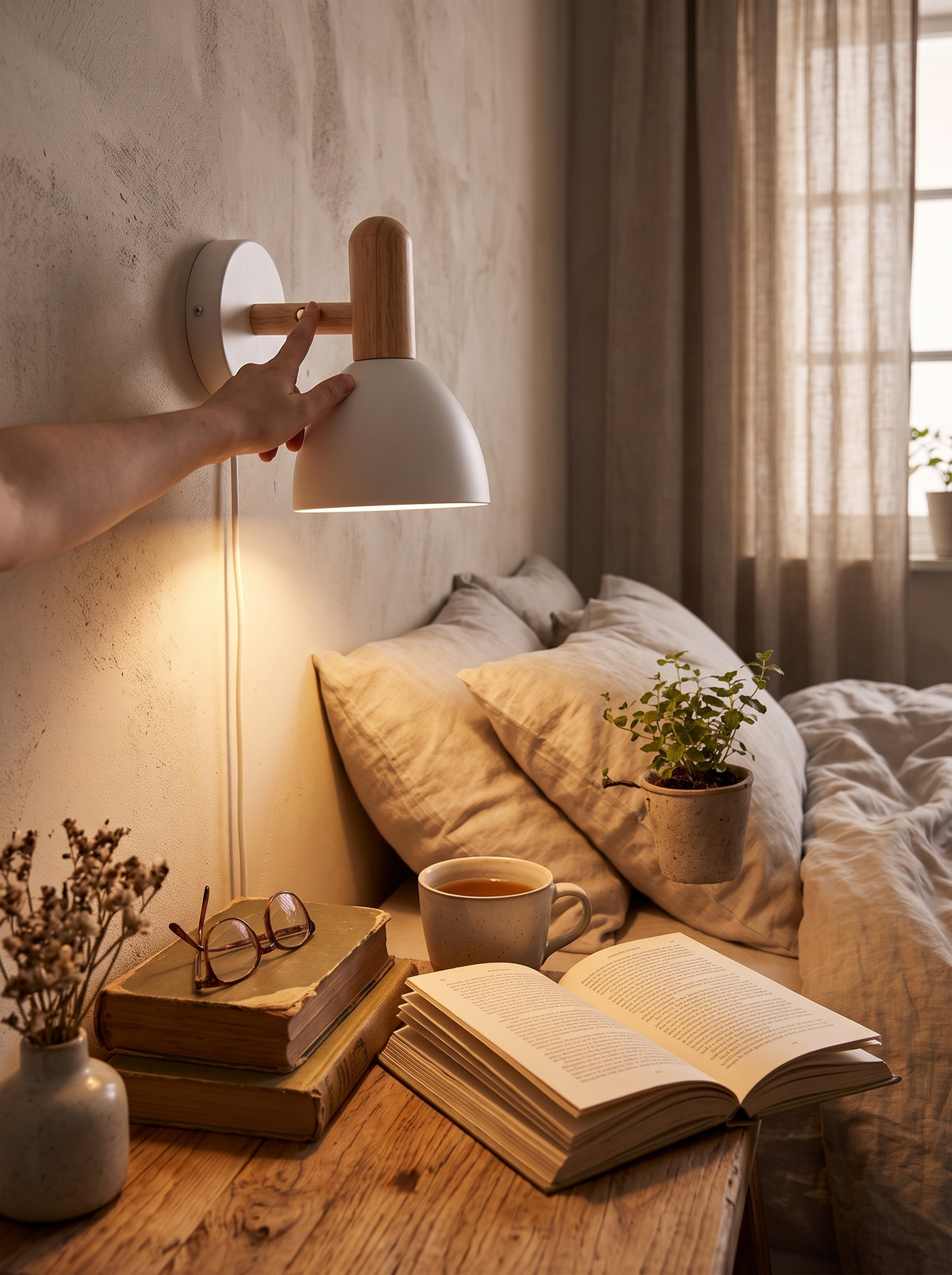 Nordic Wooden Wall Lamp angled for reading